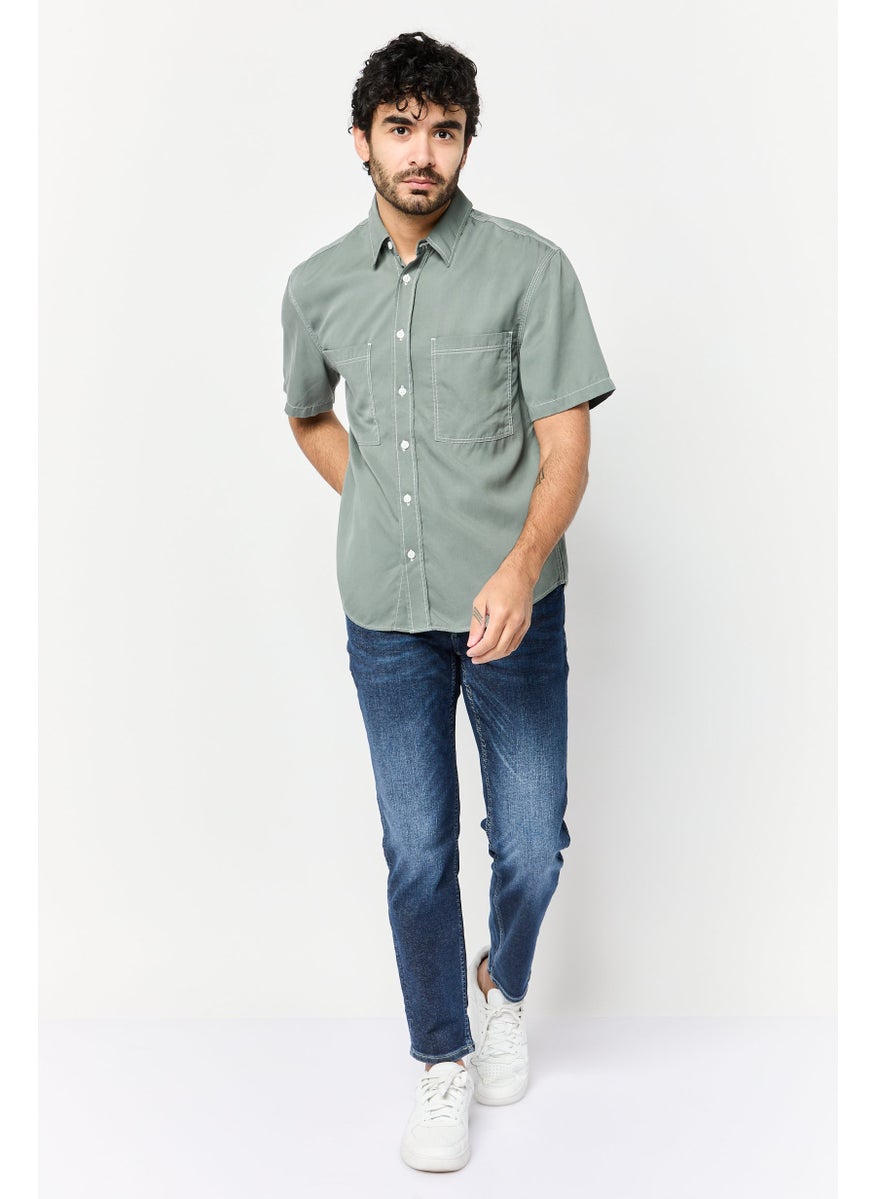 SELECTED Men Regular Fit Solid Short Sleeves Casual Shirt, Slate Green  - Image 3