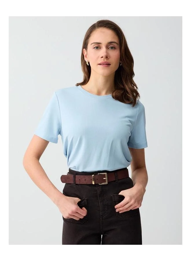 Jimmy Key Sky Blue Crew Neck Short Sleeve Knit Modal T-Shirt.