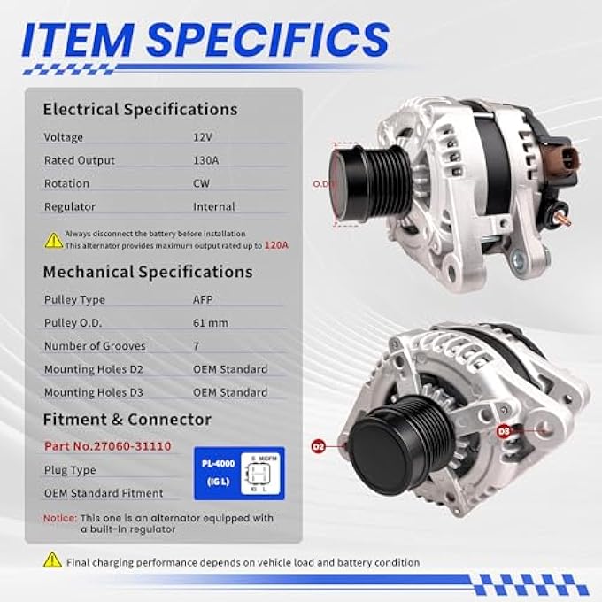 TSSLIIN High Output Alternator For-Toyota Avalon Highlander Venza For ES350 RX350 3.5L 130Amp 12V CW 7-Groove Pulley 27060-31110 11137 104210-2100 - Image 3