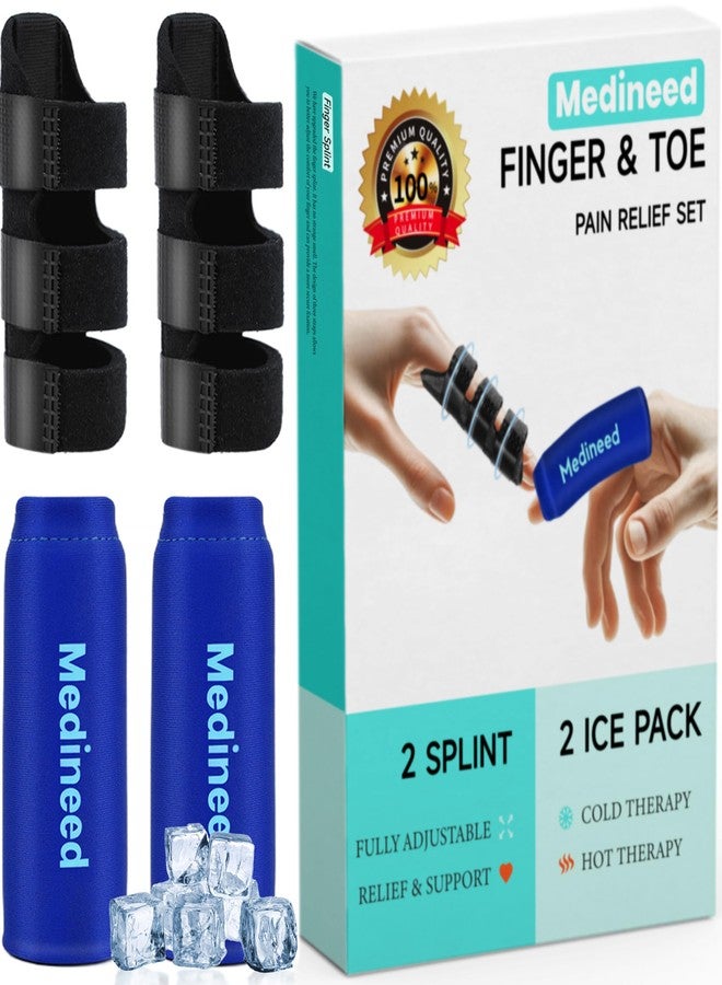 Medineed 2PCS Finger Ice Pack & 2PCS Trigger Finger Splint, Thumb Splint & Sleeves Cold for Pain Relief, Reusable Compression Thumb Brace for Toe Injuries, Arthritis, Sprains (Blue2+2) - Image 1