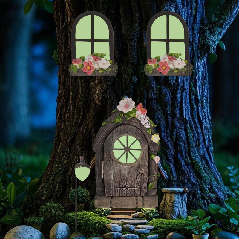 FESTGLOX Fairy Door and Windows for Tree, Glow in the Dark Fairy Garden Miniature Accessories for Tree Stump Decor, Resin Fairy House Kit with Fairy Lantern for Gnome, Outdoor Yard, Lawn, Garden Decor - Image 1