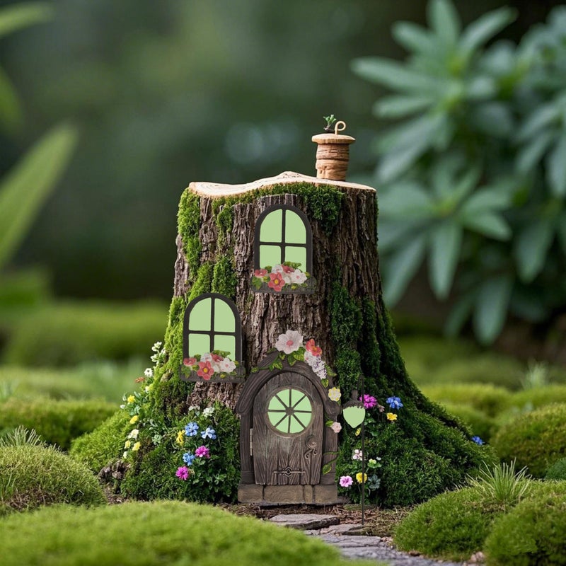 FESTGLOX Fairy Door and Windows for Tree, Glow in the Dark Fairy Garden Miniature Accessories for Tree Stump Decor, Resin Fairy House Kit with Fairy Lantern for Gnome, Outdoor Yard, Lawn, Garden Decor - Image 3