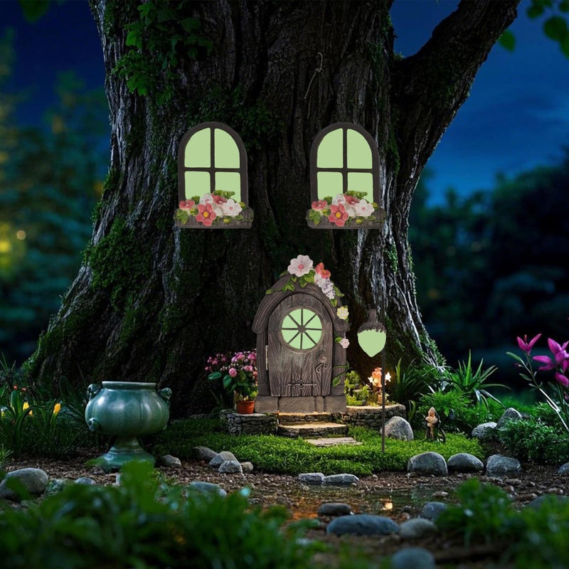 FESTGLOX Fairy Door and Windows for Tree, Glow in the Dark Fairy Garden Miniature Accessories for Tree Stump Decor, Resin Fairy House Kit with Fairy Lantern for Gnome, Outdoor Yard, Lawn, Garden Decor - Image 5