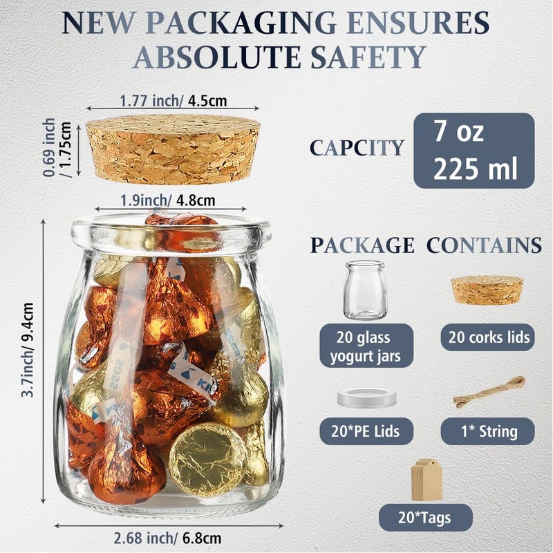 Folinstall 7oz Small Glass Jars with Cork Lids, 20 Pack Yogurt Container with PE Lids for Candy, Cake, Pudding, Yogurt, Jam, Empty Candle Jars for Candle Making, Extra Tags and String - Image 2