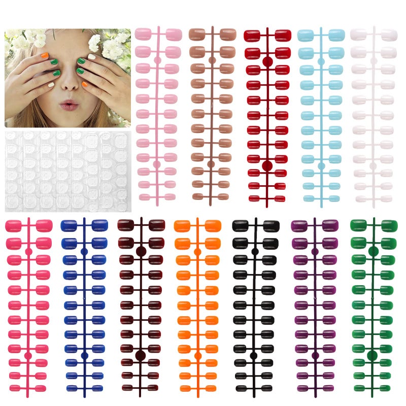 288 Piece Kids Short Press on Nails Wsimily 12 Colors Little Girls Round Square False Nails Acrylic Full Cover Fake Nails with Nail Adhesive Tabs Children Women Girls Artificial Fingernails Decor