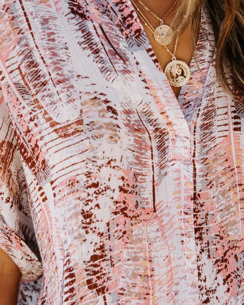 ANCAPELION Womenâ€™s Summer Chiffon Blouse Casual Short Sleeve V Neck Shirt Loose Printed Cuffed Sleeve Tunic Tops for Women Light Pink Printed Small - Image 5