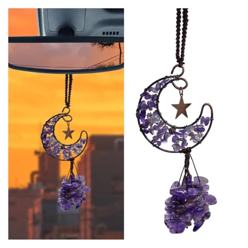 LHDOS Amethyst Crystal Car Rear View Mirror Charm Handmade Auto Mirror Hanging Accessories Healing Crystal Moon Car Ornament Lucky Auto Interior Decoration Pendant for Women Men Purple - Image 1