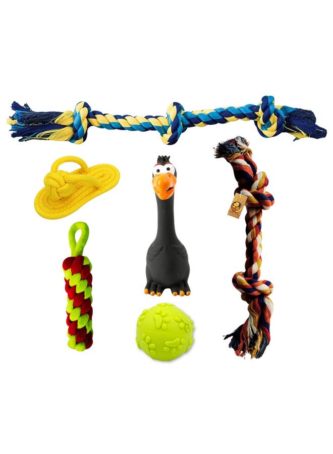 Generic 6 In 1 Squeaky And Chew Rope Dog Toy Combo - (2Knot Rope + 3Knot Rope + Slipper + Corn Stick + Claw Ball + Black Eagle) | Chewing, Playing, & Teething For Small Dogs And Puppies  - Image 1