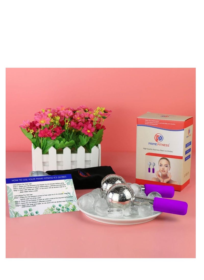 PRIME Fitness - Ice Globes for Facials Unbreakable Steel Cooling Roller Cryo Sticks for Face Massager for Face Neck & Eyes Skin Care for Dark Circles Puffiness Wrinkles Collagen Production Purple - Image 1