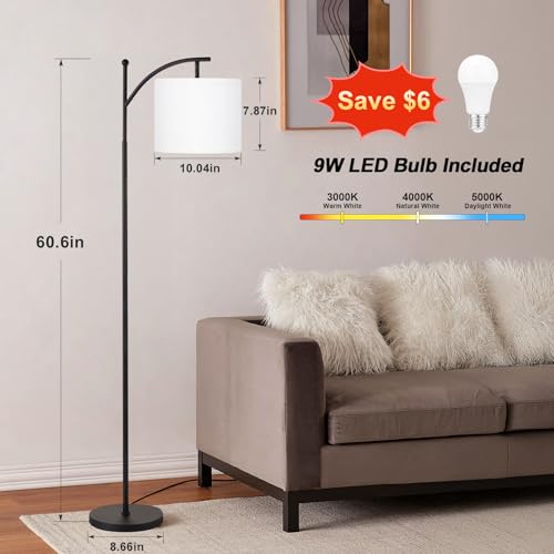 Ambimall 60" Floor Lamp with 3 Color Temperatures, Adjustable White Shade, Black Pole - Tall Lamp for Living Room, Bedroom, Office, Classroom, Dorm - 9W Bulb Included - Image 2