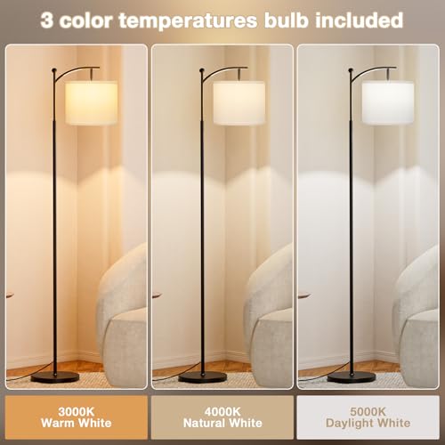 Ambimall 60" Floor Lamp with 3 Color Temperatures, Adjustable White Shade, Black Pole - Tall Lamp for Living Room, Bedroom, Office, Classroom, Dorm - 9W Bulb Included - Image 3
