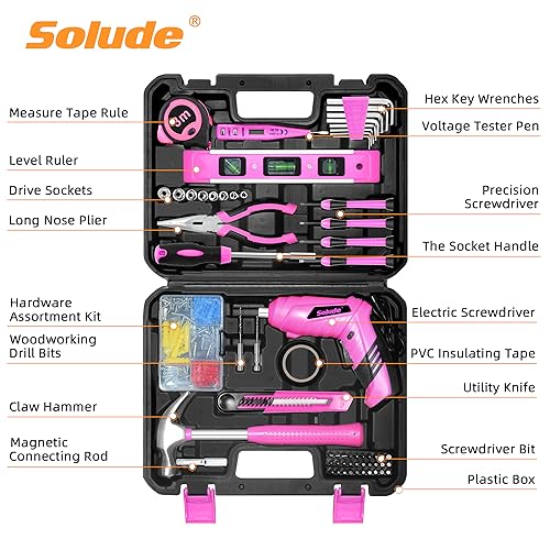 SOLUDE Pink Tool Set,130 Piece Home Tool Kit for Women with 3.6V Cordless Rechargeable Screwdriver,Basic Household Tool Kit Set for New Home,Apartment,College Dorm & DIY Projects - Image 2