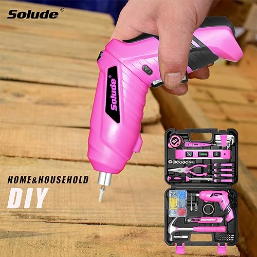 SOLUDE Pink Tool Set,130 Piece Home Tool Kit for Women with 3.6V Cordless Rechargeable Screwdriver,Basic Household Tool Kit Set for New Home,Apartment,College Dorm & DIY Projects - Image 5