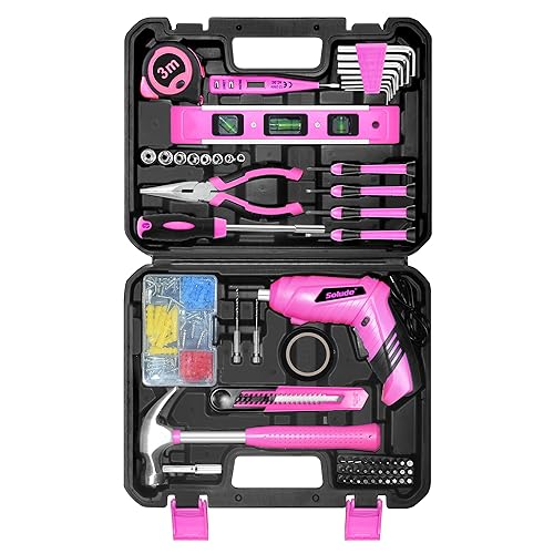 SOLUDE Pink Tool Set,130 Piece Home Tool Kit for Women with 3.6V Cordless Rechargeable Screwdriver,Basic Household Tool Kit Set for New Home,Apartment,College Dorm & DIY Projects - Image 1