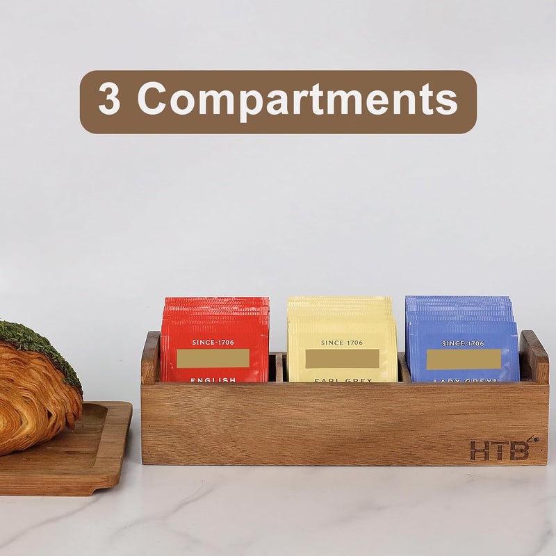 HTB Small Wooden Tea Bag Box 2PCS, 3 Compartments Acacia Wood Tea Bag Chest with Handle, Mini Countertop Divided Storage Container for Beverage Supplies, Sugar, Sweeteners, Individual Packets - Image 5