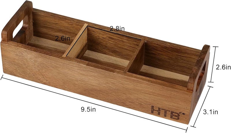 HTB Small Wooden Tea Bag Box 2PCS, 3 Compartments Acacia Wood Tea Bag Chest with Handle, Mini Countertop Divided Storage Container for Beverage Supplies, Sugar, Sweeteners, Individual Packets - Image 2