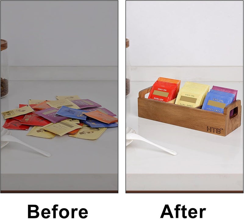 HTB Small Wooden Tea Bag Box 2PCS, 3 Compartments Acacia Wood Tea Bag Chest with Handle, Mini Countertop Divided Storage Container for Beverage Supplies, Sugar, Sweeteners, Individual Packets - Image 3