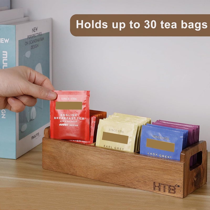 HTB Small Wooden Tea Bag Box 2PCS, 3 Compartments Acacia Wood Tea Bag Chest with Handle, Mini Countertop Divided Storage Container for Beverage Supplies, Sugar, Sweeteners, Individual Packets - Image 4