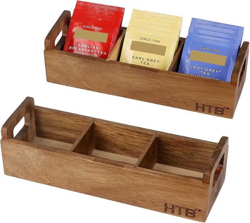 HTB Small Wooden Tea Bag Box 2PCS, 3 Compartments Acacia Wood Tea Bag Chest with Handle, Mini Countertop Divided Storage Container for Beverage Supplies, Sugar, Sweeteners, Individual Packets - Image 1