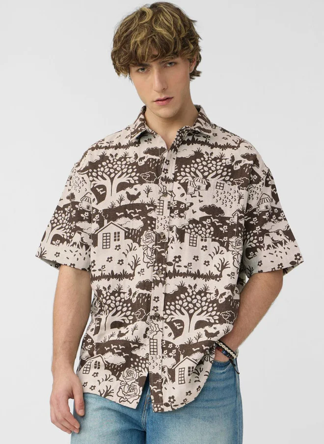 ذا سوليد ستور The Souled Store Men's Oversized Fit Beige Graphic Printed Shirt