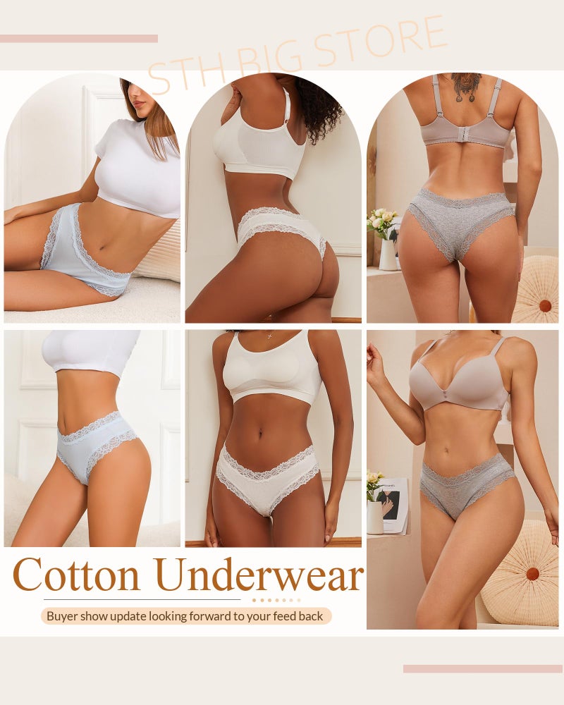 Sth Big Womens Cotton Underwear Sexy Lace Brazilian Panties Soft Breathable Cotton Bikini for Ladies 6 Pack(6D,Medium) - Image 5