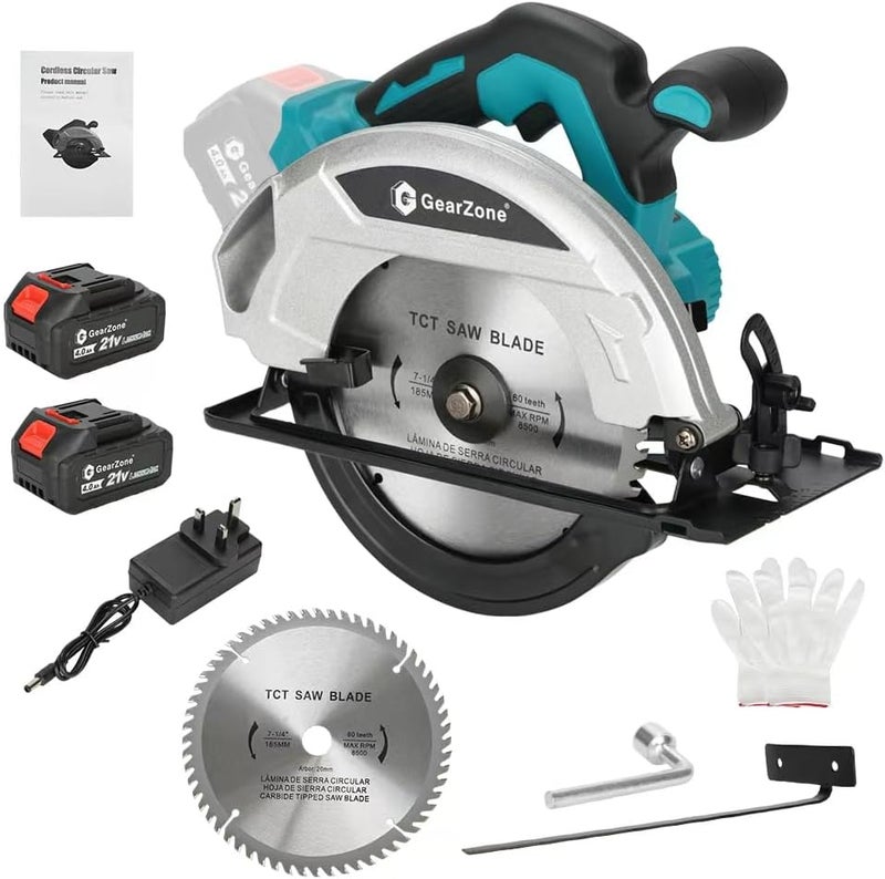 Cordless Circular Saw 7-1/4" with 2pcs 21v Battery, 4500RPM Electric Circular Saw with Blade, 0-45° Bevel Cutting, Max 2-1/4" Depth for Wood-Blue - Image 1