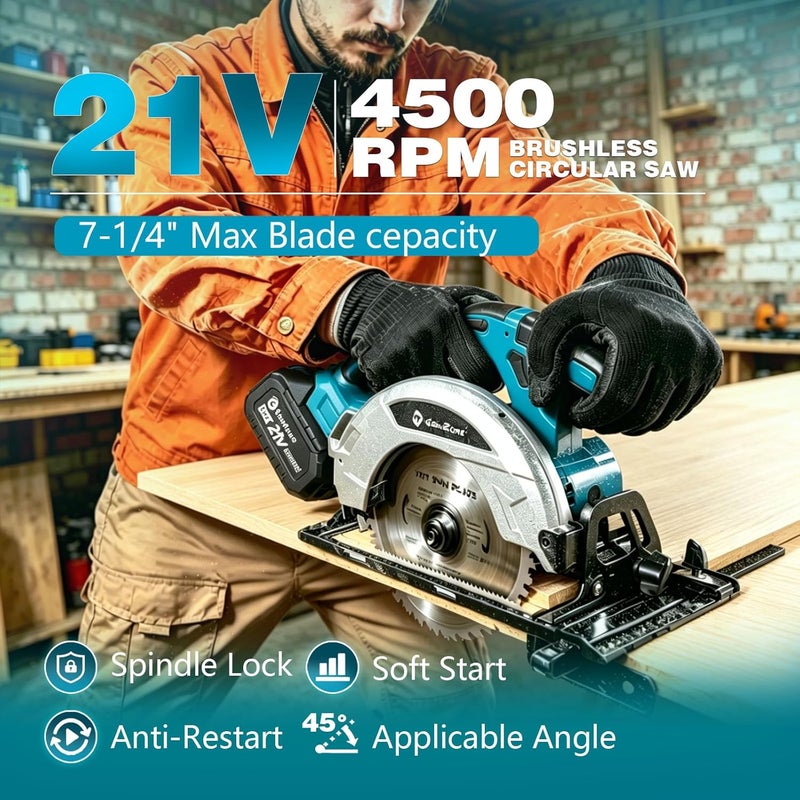 Cordless Circular Saw 7-1/4" with 2pcs 21v Battery, 4500RPM Electric Circular Saw with Blade, 0-45° Bevel Cutting, Max 2-1/4" Depth for Wood-Blue - Image 2