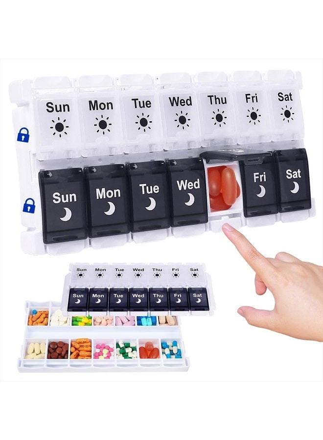 HRX Package Large Pill Organizer 2 Times a Day, Push Button Weekly Medicine Box Vitamin Cases for 7 Day AM PM - Image 1