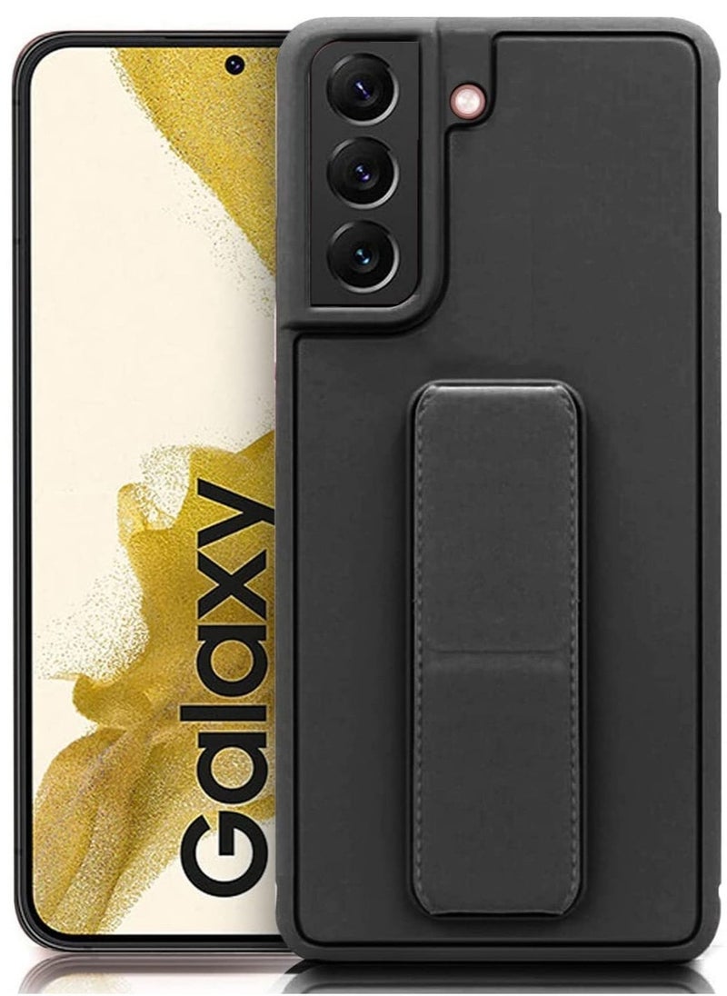 Raxoom Premium Quality Silicone Slim PU Leather Kick Back Stand Grip Case Cover with Enhanced Protection of Wrist Strap Hand Band Cover Case for Samsung Galaxy S22 5G (S22 Black) - Image 1