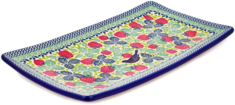 Polmedia Polish Pottery Authentic Polish Pottery Sushi Tray Signature UNIKAT in Ravens Red Berries Design Handmade in Bolesawiec Poland by Ceramika Artystyczna  Certificate of Authenticity  - Image 1