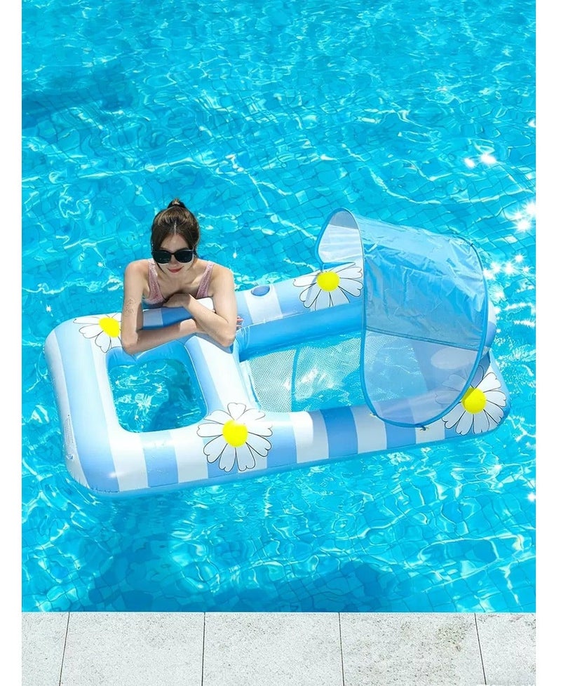 JAYATO Adult Inflatable Swim Float with Removable Sunshade, Daisy Pattern Thickened Swimming Ring, 2-in-1 Floating Lounge Chair for Summer Pool & Beach - Image 1