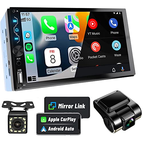 Leadfan Double Din Car Stereo with Dash Cam7 Inch Full HD Touchscreen Car Audio Receiver Support Carplay and Android AutoCar Stereo with BluetoothMirror LinkBackup CameraFMUSBAUXSubwoofer
