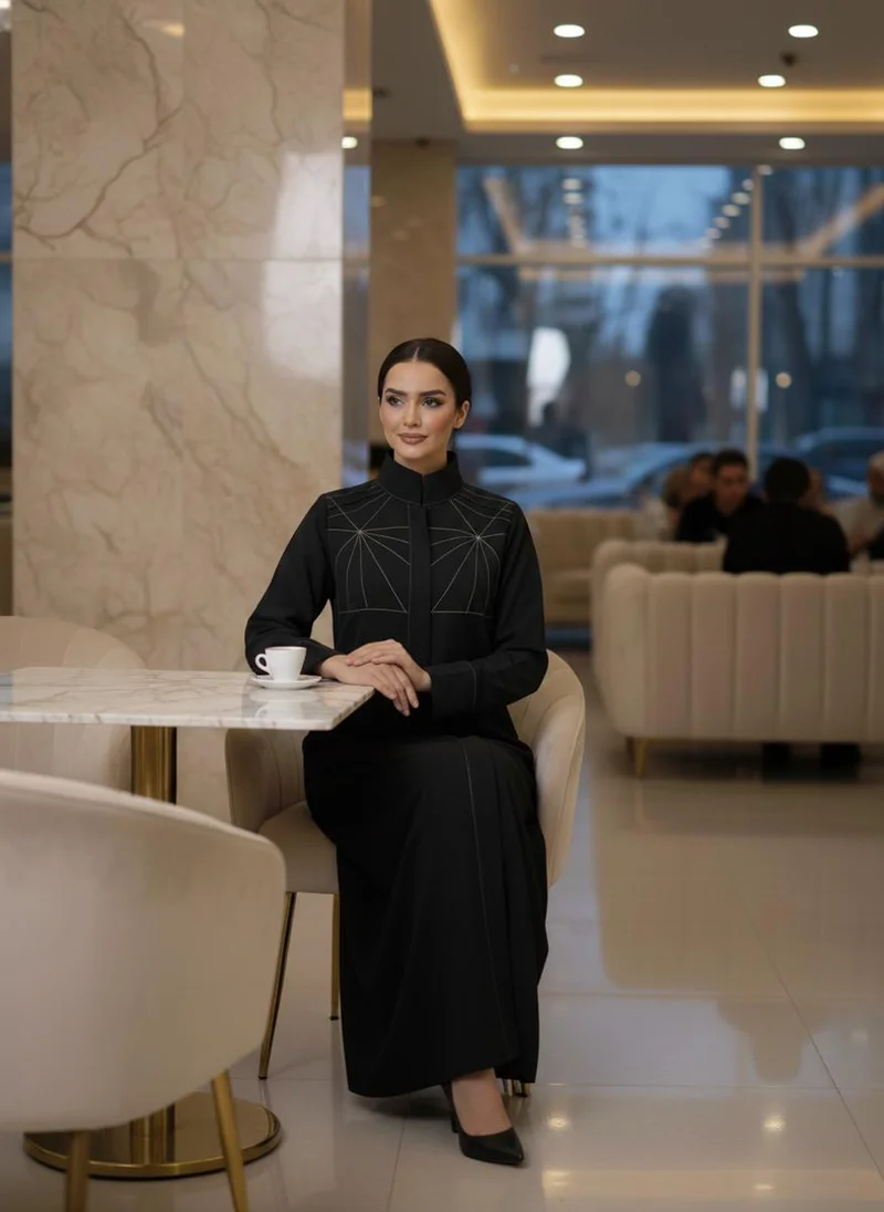 MSquare Fashion  Bold And Modern Midnight Black Cobra Crepe Abaya Mandarin Collar Edition for Women | Best Price UAE