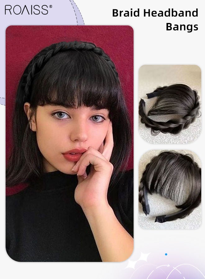 رويس باروكة شعر مع غرة في الجبهة، وصلات شعر صناعية مع ضفائر بثلاثة خيوط وعصابة رأس بدون شوارب جانبية، إكسسوارات شعر للنساء والفتيات، لون أسود طبيعي - Image 1