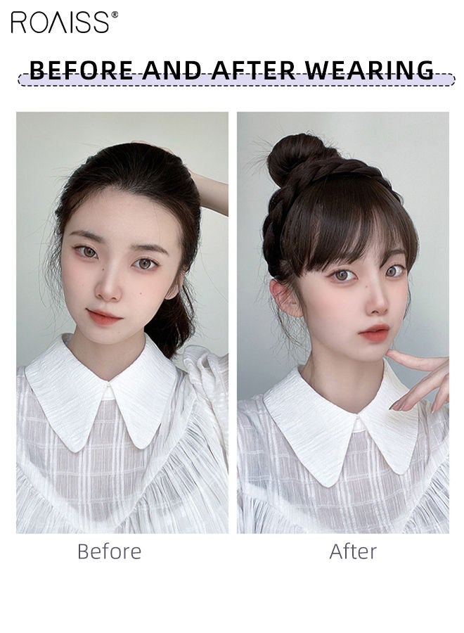 رويس باروكة شعر مع غرة في الجبهة، وصلات شعر صناعية مع ضفائر بثلاثة خيوط وعصابة رأس بدون شوارب جانبية، إكسسوارات شعر للنساء والفتيات، لون أسود طبيعي - Image 2