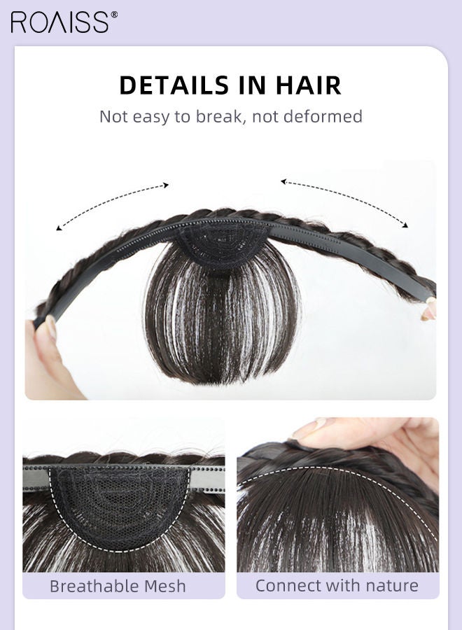 رويس باروكة شعر مع غرة في الجبهة، وصلات شعر صناعية مع ضفائر بثلاثة خيوط وعصابة رأس بدون شوارب جانبية، إكسسوارات شعر للنساء والفتيات، لون أسود طبيعي - Image 5