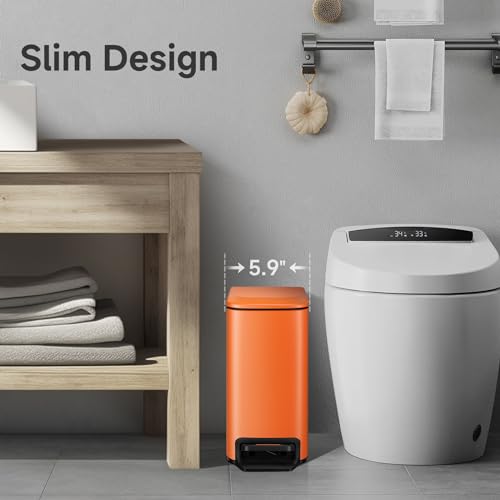 TIPGO Small Bathroom Trash Can with Lid Soft Close, 6 Liter / 1.6 Gallon Stainless Steel Garbage Can with Removable Inner Bucket, Step Pedal, Slim Trash Cans for Bedroom, Office, Kitchen (Orange) - Image 2