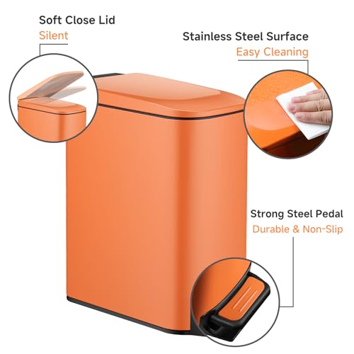 TIPGO Small Bathroom Trash Can with Lid Soft Close, 6 Liter / 1.6 Gallon Stainless Steel Garbage Can with Removable Inner Bucket, Step Pedal, Slim Trash Cans for Bedroom, Office, Kitchen (Orange) - Image 4