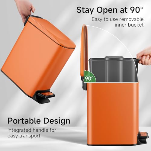 TIPGO Small Bathroom Trash Can with Lid Soft Close, 6 Liter / 1.6 Gallon Stainless Steel Garbage Can with Removable Inner Bucket, Step Pedal, Slim Trash Cans for Bedroom, Office, Kitchen (Orange) - Image 3