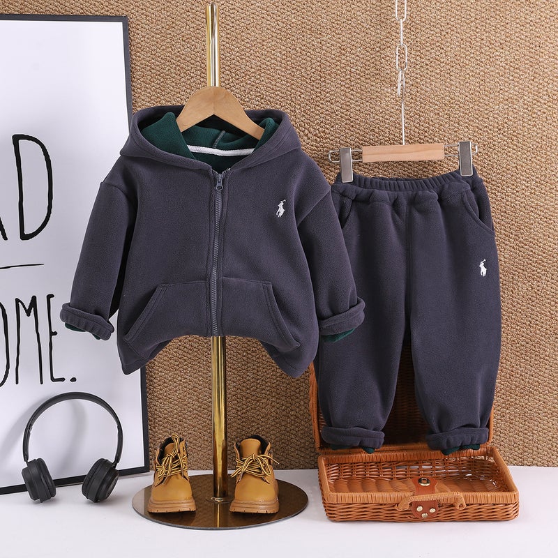 Childrens Double-Sided Fleece suit Boys Autumn and Winter Plus Fleece Jacket Girls Autumn One-Year-Old Babys Two-Piece Sweatshirt Set Off-white - Image 4