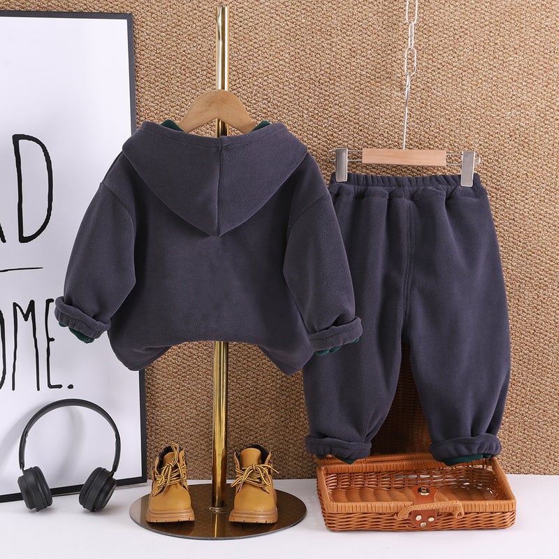 Childrens Double-Sided Fleece suit Boys Autumn and Winter Plus Fleece Jacket Girls Autumn One-Year-Old Babys Two-Piece Sweatshirt Set Off-white - Image 5