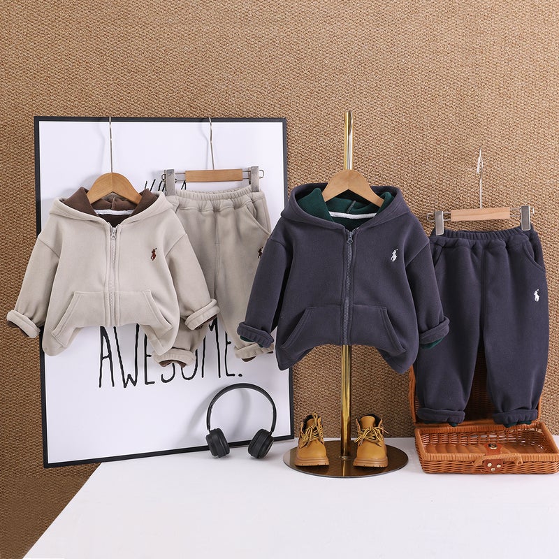Childrens Double-Sided Fleece suit Boys Autumn and Winter Plus Fleece Jacket Girls Autumn One-Year-Old Babys Two-Piece Sweatshirt Set Off-white - Image 2