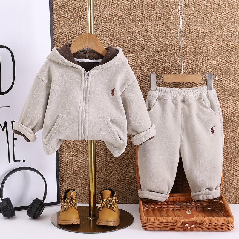 Childrens Double-Sided Fleece suit Boys Autumn and Winter Plus Fleece Jacket Girls Autumn One-Year-Old Babys Two-Piece Sweatshirt Set Off-white - Image 3