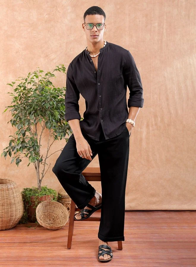 The Indian Garage Co Men Slim Fit Solid Full Sleeves Mandarin Collar Resort Wear Shirt