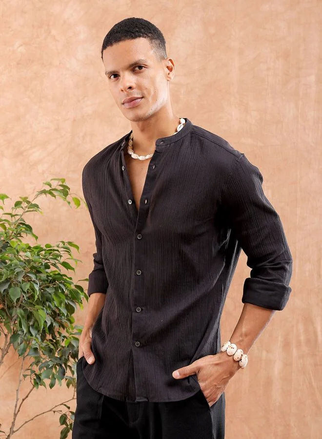The Indian Garage Co Men Slim Fit Solid Full Sleeves Mandarin Collar Resort Wear Shirt