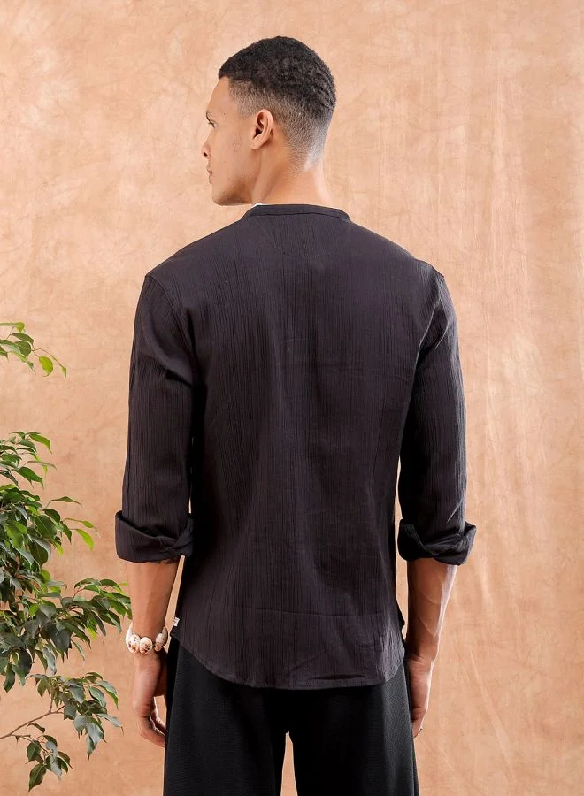 The Indian Garage Co Men Slim Fit Solid Full Sleeves Mandarin Collar Resort Wear Shirt