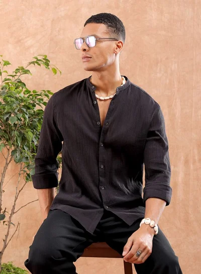 The Indian Garage Co Men Slim Fit Solid Full Sleeves Mandarin Collar Resort Wear Shirt