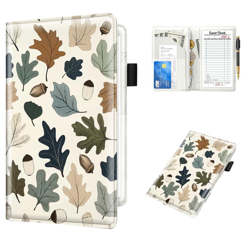 WAVEYU Cute Server Books for Waitress Waiter, Leather Guest Book Note Pad with Zipper, Money Organizer Wallet, Cash Check Bill Receipt Holder Presenter, 8x5 inch, Natural Pattern - Image 1