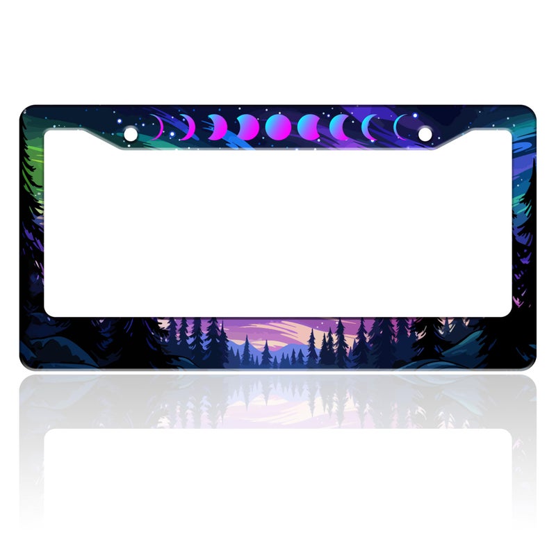 TINALUIN Moon Phases Aurora Forest License Plate Frame Night Sky Stainless Steel License Plate Holder for Front or Rear Car Tags Funny for Car Decoration Accessories with Screws 6.3 X 12.2 in for Women Men - Image 1
