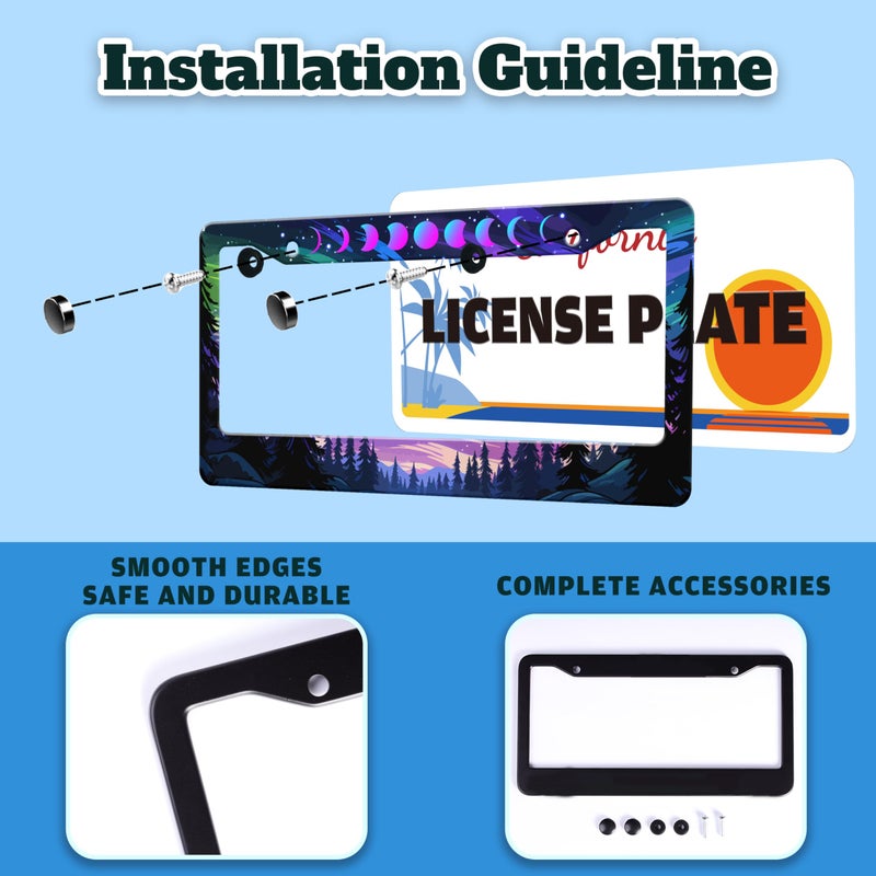 TINALUIN Moon Phases Aurora Forest License Plate Frame Night Sky Stainless Steel License Plate Holder for Front or Rear Car Tags Funny for Car Decoration Accessories with Screws 6.3 X 12.2 in for Women Men - Image 4